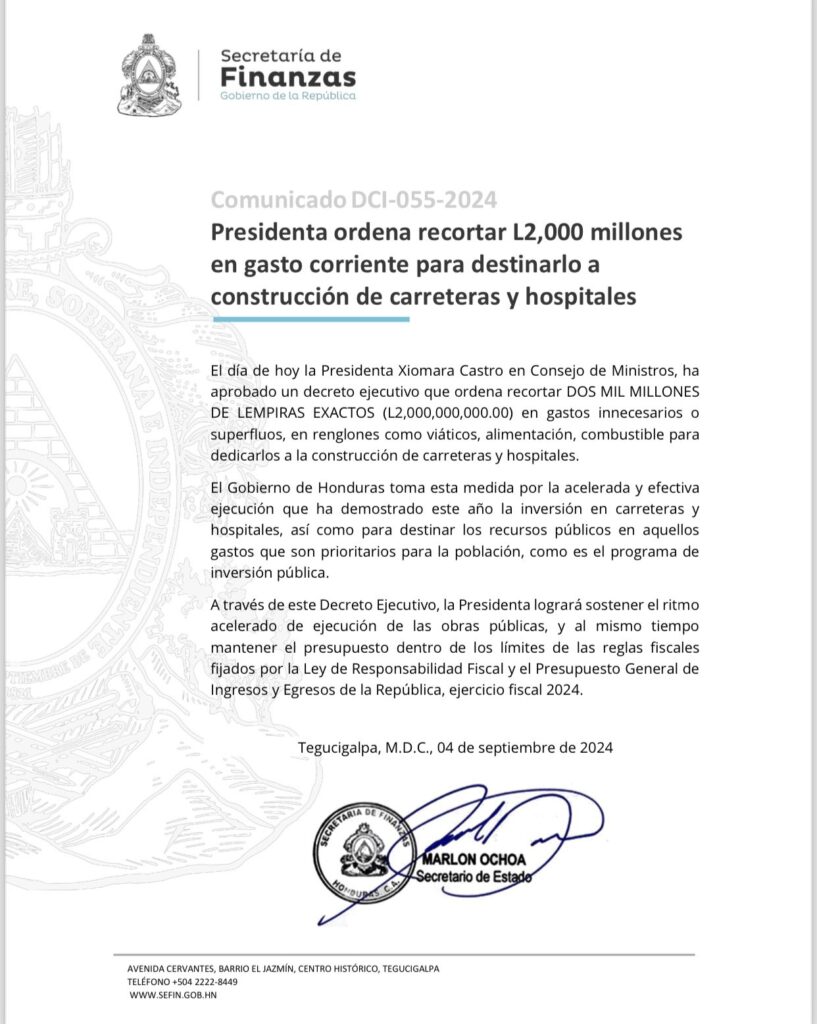 Gobierno ordena recorte de L 2 mil millones del gasto corriente para redirigirlo a hospitales y carreteras